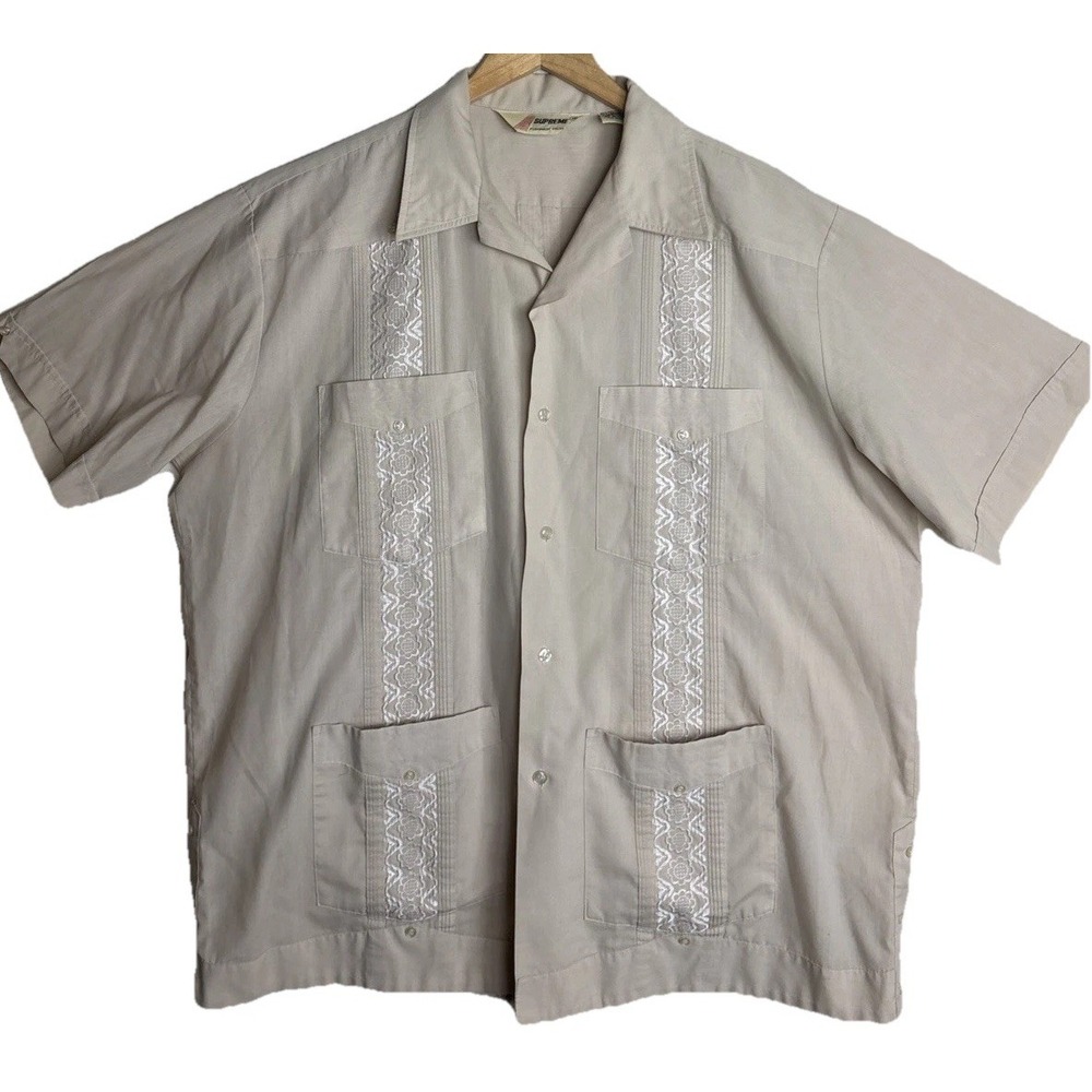 Vintage SUPREME Guayabera Shirt Mens 1X Tan Embroidered 4 Pocket Cuban Camp